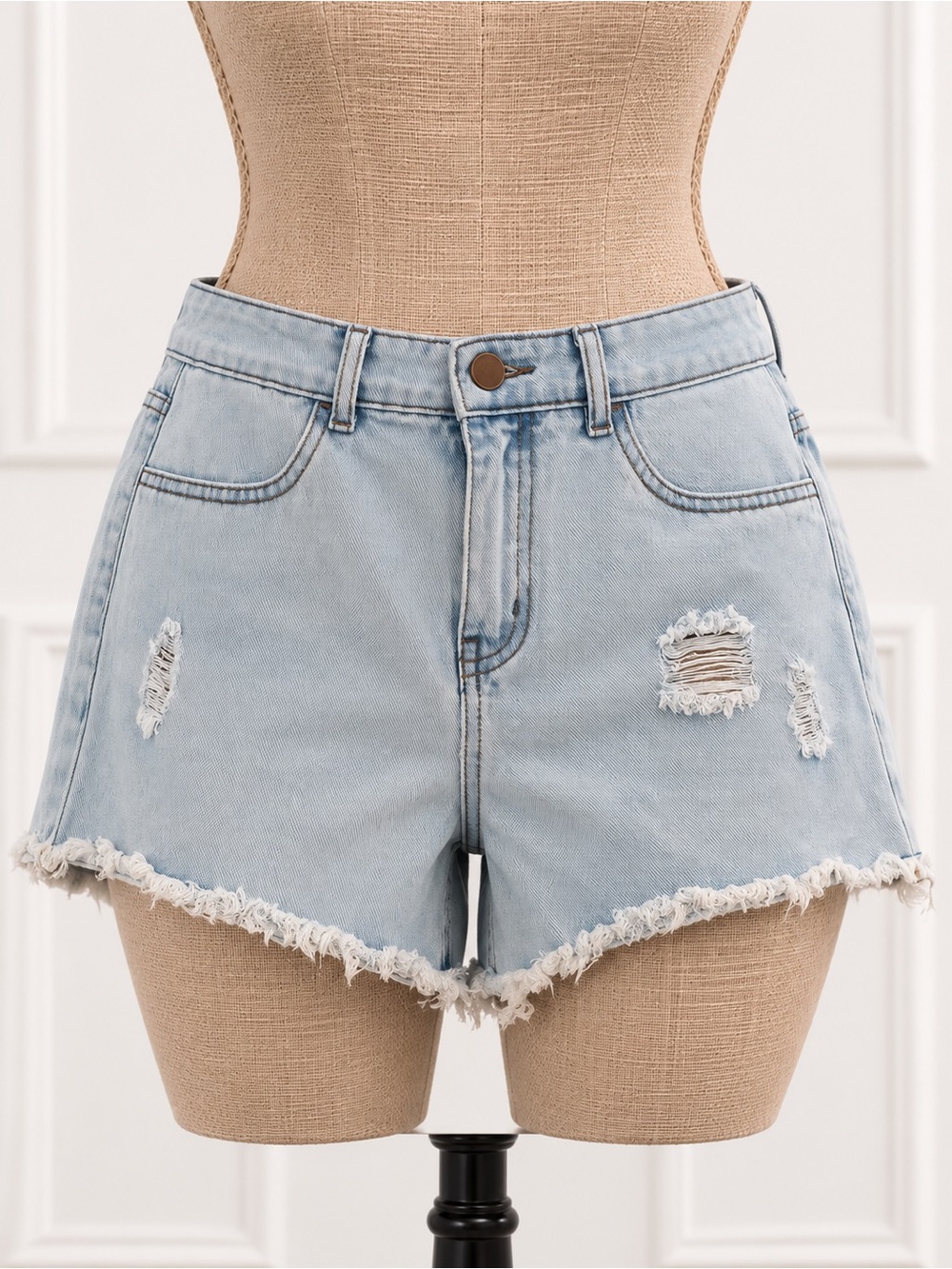 Light Wash Distressed Denim Shorts Frayed Hem